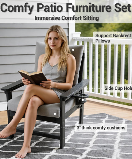 Jonpony Outdoor Loveseat Sofa, HDPE Patio Couch with Cup Holeder & Thick Gray Cushions, Deep Seating Sofa for Garden, Deck, Front Porch