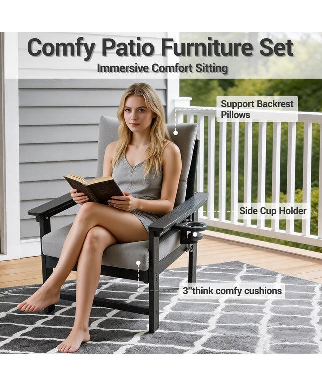 Jonpony Outdoor Loveseat Sofa, HDPE Patio Couch with Cup Holeder & Thick Gray Cushions, Deep Seating Sofa for Garden, Deck, Front Porch