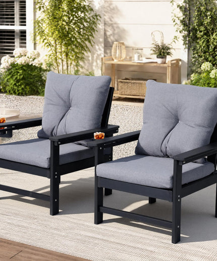 Jonpony Outdoor Armchairs Set of 2, HDPE Patio Couch with Cup Holeder & Thick Gray Cushions, Deep Seating Single Sofa for Garden, Deck, Front Porch