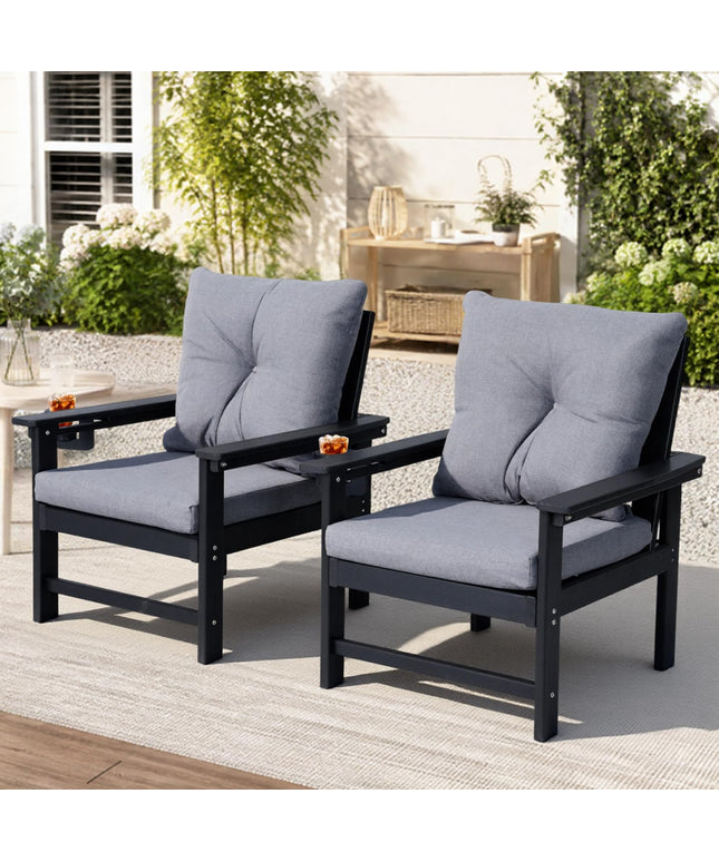 Jonpony Outdoor Armchairs Set of 2, HDPE Patio Couch with Cup Holeder & Thick Gray Cushions, Deep Seating Single Sofa for Garden, Deck, Front Porch