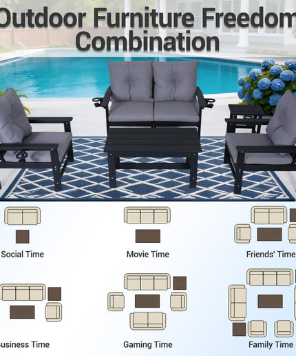 Jonpony Outdoor Armchairs Set of 2, HDPE Patio Couch with Cup Holeder & Thick Gray Cushions, Deep Seating Single Sofa for Garden, Deck, Front Porch