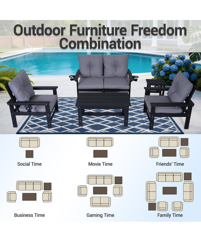 Jonpony Outdoor Armchairs Set of 2, HDPE Patio Couch with Cup Holeder & Thick Gray Cushions, Deep Seating Single Sofa for Garden, Deck, Front Porch