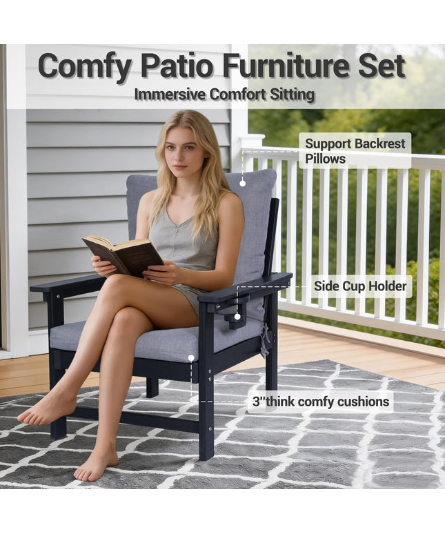 Jonpony Outdoor Armchairs Set of 2, HDPE Patio Couch with Cup Holeder & Thick Gray Cushions, Deep Seating Single Sofa for Garden, Deck, Front Porch