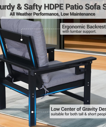 Jonpony Outdoor Armchairs Set of 2, HDPE Patio Couch with Cup Holeder & Thick Gray Cushions, Deep Seating Single Sofa for Garden, Deck, Front Porch