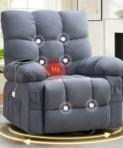 JONPONY Swivel Recliner Chair for Adults,Oversized Rocker Recliner with Vibration Massage and Lumbar Heat,Ergonomic Rocking Chair with Side Pocket,USB Charge Port for Living Room