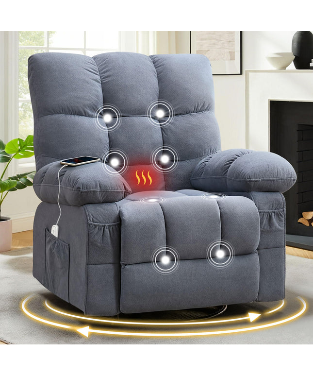 JONPONY Swivel Recliner Chair for Adults,Oversized Rocker Recliner with Vibration Massage and Lumbar Heat,Ergonomic Rocking Chair with Side Pocket,USB Charge Port for Living Room