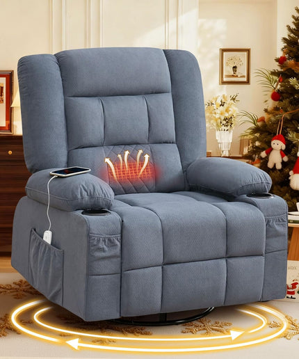 JONPONY Oversized Massage Swivel Recliner Chair with 4-Point 3D Kneading Massage and Heat for Living Room with Rocking Function 2 Cup Holders, USB Charge Port