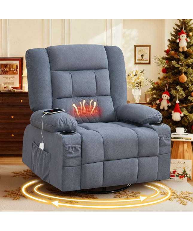 JONPONY Oversized Massage Swivel Recliner Chair with 4-Point 3D Kneading Massage and Heat for Living Room with Rocking Function 2 Cup Holders, USB Charge Port