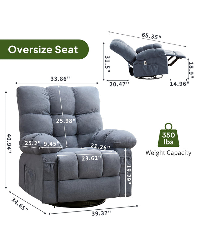 JONPONY Swivel Recliner Chair for Adults,Oversized Rocker Recliner with Vibration Massage and Lumbar Heat,Ergonomic Rocking Chair with Side Pocket,USB Charge Port for Living Room