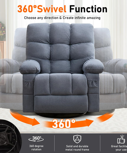 JONPONY Swivel Recliner Chair for Adults,Oversized Rocker Recliner with Vibration Massage and Lumbar Heat,Ergonomic Rocking Chair with Side Pocket,USB Charge Port for Living Room