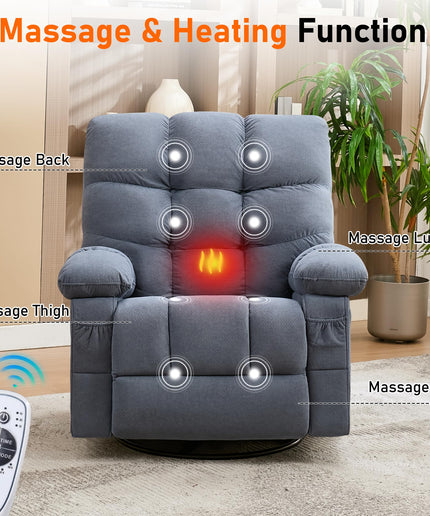 JONPONY Swivel Recliner Chair for Adults,Oversized Rocker Recliner with Vibration Massage and Lumbar Heat,Ergonomic Rocking Chair with Side Pocket,USB Charge Port for Living Room