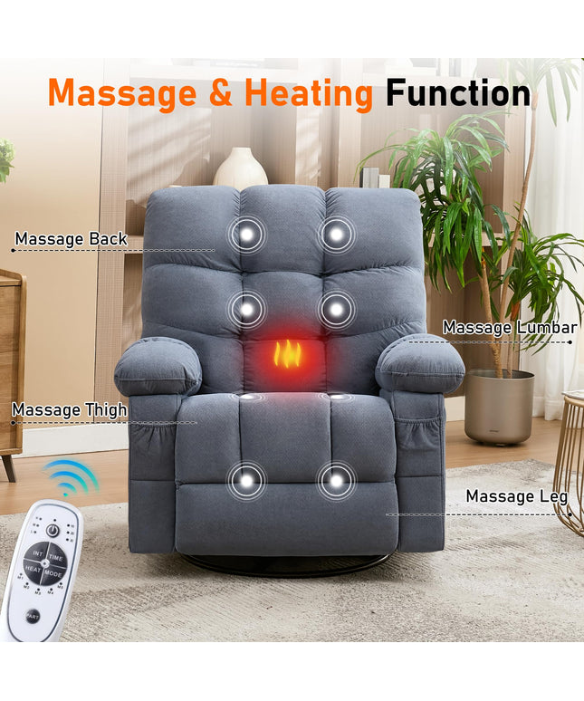 JONPONY Swivel Recliner Chair for Adults,Oversized Rocker Recliner with Vibration Massage and Lumbar Heat,Ergonomic Rocking Chair with Side Pocket,USB Charge Port for Living Room