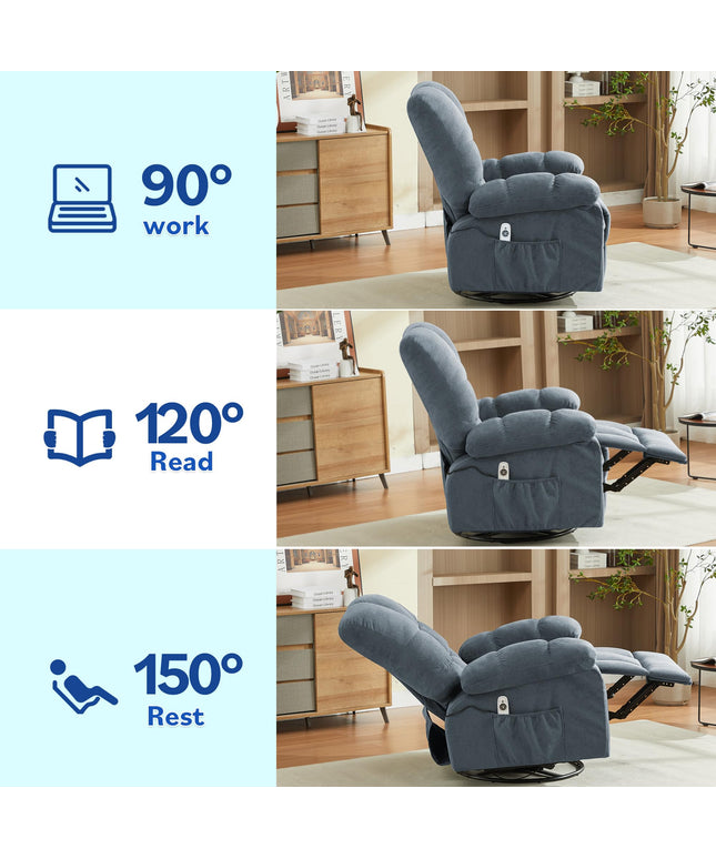 JONPONY Swivel Recliner Chair for Adults,Oversized Rocker Recliner with Vibration Massage and Lumbar Heat,Ergonomic Rocking Chair with Side Pocket,USB Charge Port for Living Room