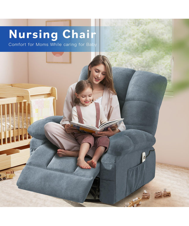 JONPONY Swivel Recliner Chair for Adults,Oversized Rocker Recliner with Vibration Massage and Lumbar Heat,Ergonomic Rocking Chair with Side Pocket,USB Charge Port for Living Room