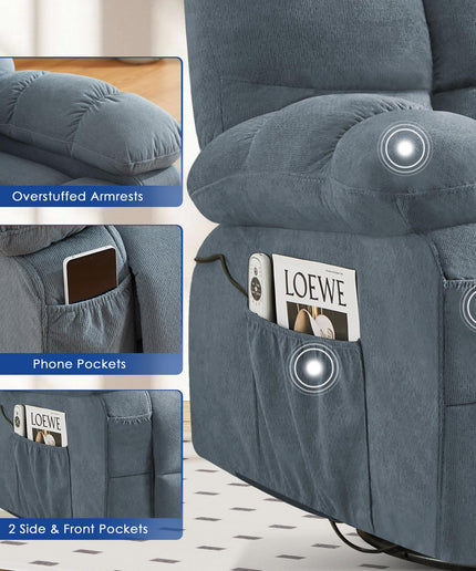 JONPONY Swivel Recliner Chair for Adults,Oversized Rocker Recliner with Vibration Massage and Lumbar Heat,Ergonomic Rocking Chair with Side Pocket,USB Charge Port for Living Room