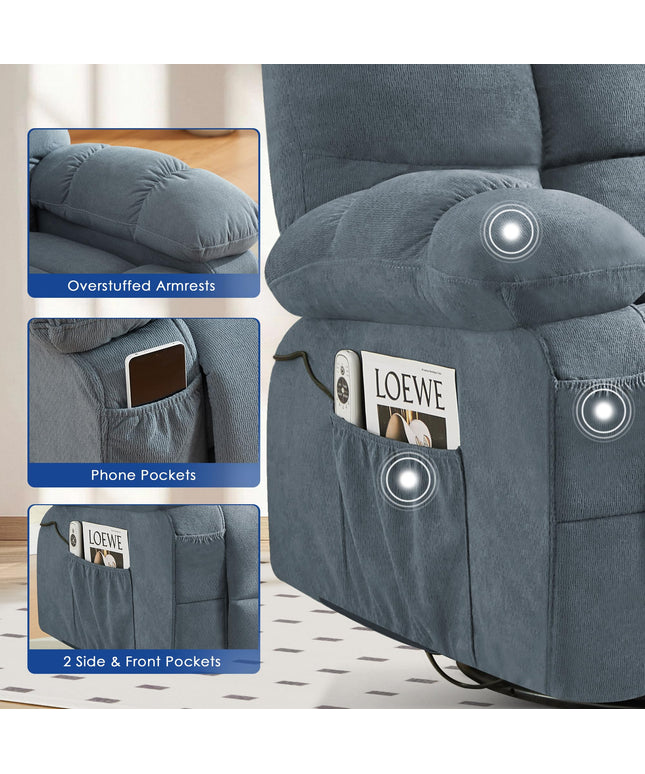 JONPONY Swivel Recliner Chair for Adults,Oversized Rocker Recliner with Vibration Massage and Lumbar Heat,Ergonomic Rocking Chair with Side Pocket,USB Charge Port for Living Room
