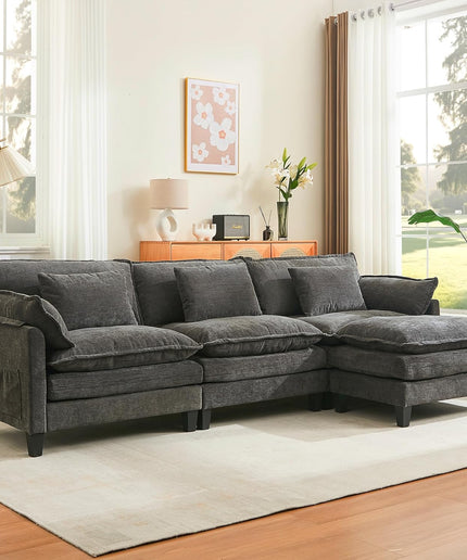 JONPONY 110" Cloud Couch Sectional with Double-Layer Seat Cushion,U Shaped Sectional Couch with Movable Ottoman, Comfy, Wide & Deep Seat Couches for Living Room, Beige