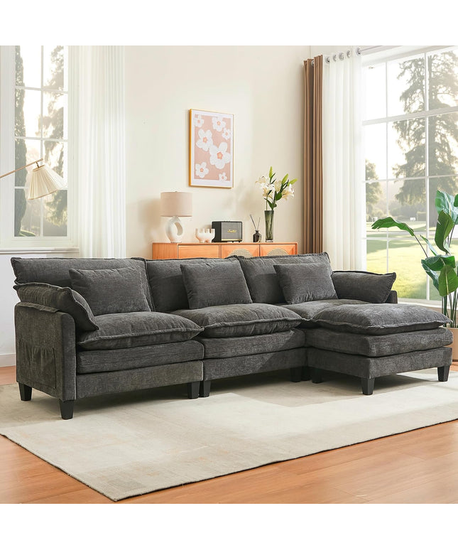 JONPONY 110" Cloud Couch Sectional with Double-Layer Seat Cushion,U Shaped Sectional Couch with Movable Ottoman, Comfy, Wide & Deep Seat Couches for Living Room, Beige