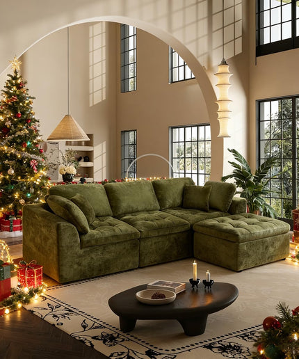 JONPONY 110" Cloud Sectional Couch for Living Room, Upholstered L-Shape Modular Sofa with Movable Ottoman, 3-Seater Deep-Seat Foam Couch, Comfortable Convertible Sectional for Home & Apartment（Beige）