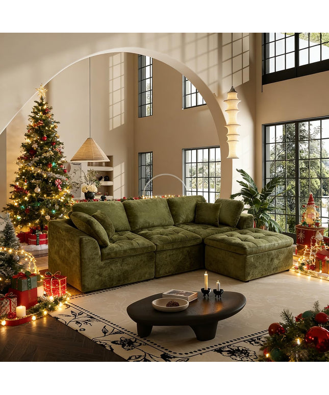 JONPONY 110" Cloud Sectional Couch for Living Room, Upholstered L-Shape Modular Sofa with Movable Ottoman, 3-Seater Deep-Seat Foam Couch, Comfortable Convertible Sectional for Home & Apartment（Beige）