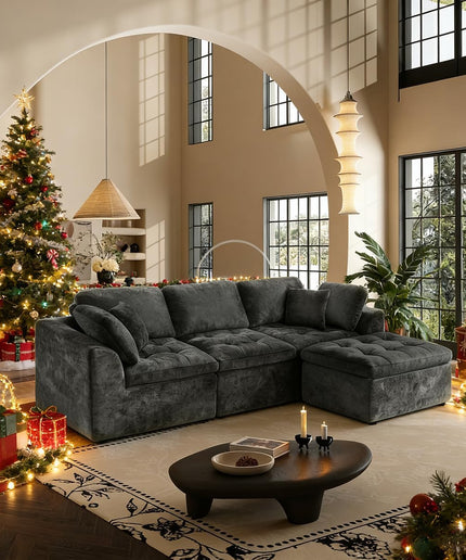 JONPONY 110" Cloud Sectional Couch for Living Room, Upholstered L-Shape Modular Sofa with Movable Ottoman, 3-Seater Deep-Seat Foam Couch, Comfortable Convertible Sectional for Home & Apartment（Beige）