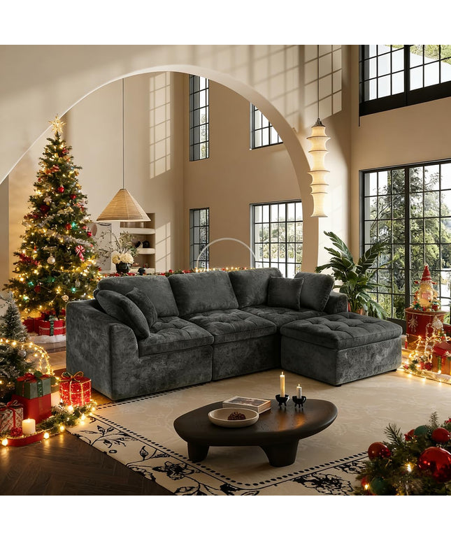 JONPONY 110" Cloud Sectional Couch for Living Room, Upholstered L-Shape Modular Sofa with Movable Ottoman, 3-Seater Deep-Seat Foam Couch, Comfortable Convertible Sectional for Home & Apartment（Beige）