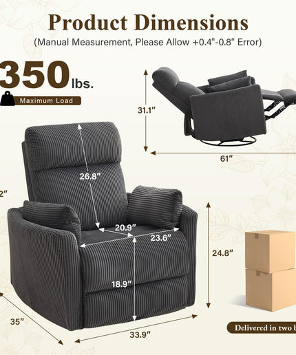 Jonpony 360°Swivel Recliner Chair, Nursery Chair with 2 Pillows, Rocker Chair with Soft Corduroy Fabric for Living Room, Bedroom