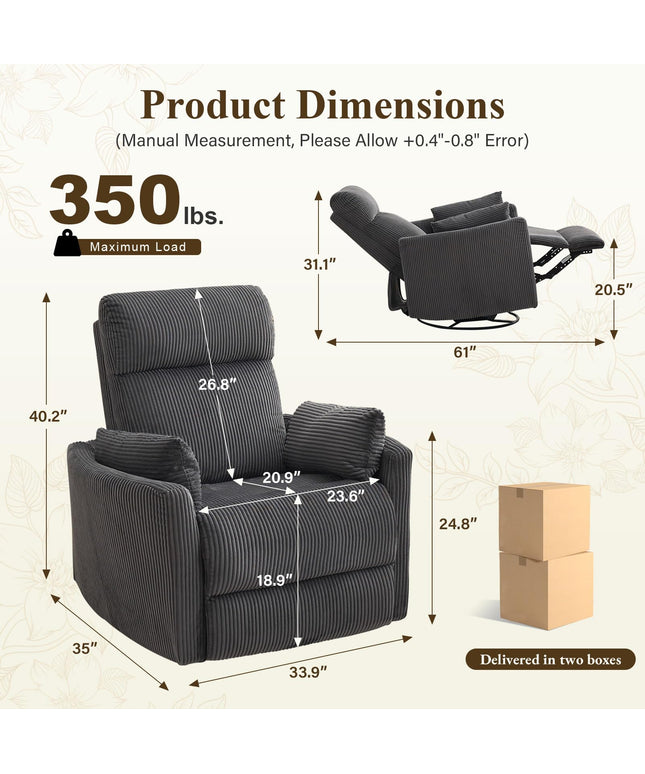 Jonpony 360°Swivel Recliner Chair, Nursery Chair with 2 Pillows, Rocker Chair with Soft Corduroy Fabric for Living Room, Bedroom