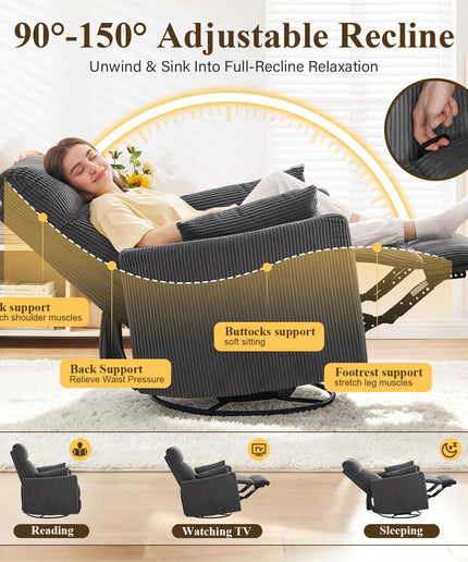 Jonpony 360°Swivel Recliner Chair, Nursery Chair with 2 Pillows, Rocker Chair with Soft Corduroy Fabric for Living Room, Bedroom