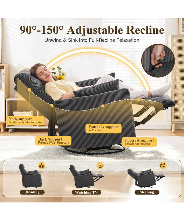 Jonpony 360°Swivel Recliner Chair, Nursery Chair with 2 Pillows, Rocker Chair with Soft Corduroy Fabric for Living Room, Bedroom