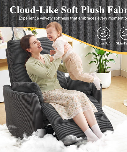 Jonpony 360°Swivel Recliner Chair, Nursery Chair with 2 Pillows, Rocker Chair with Soft Corduroy Fabric for Living Room, Bedroom