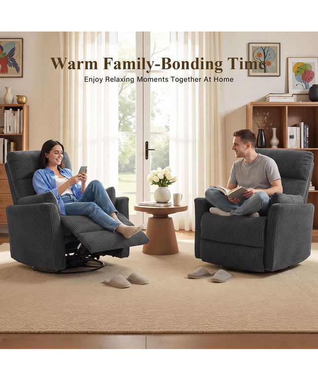 Jonpony 360°Swivel Recliner Chair, Nursery Chair with 2 Pillows, Rocker Chair with Soft Corduroy Fabric for Living Room, Bedroom