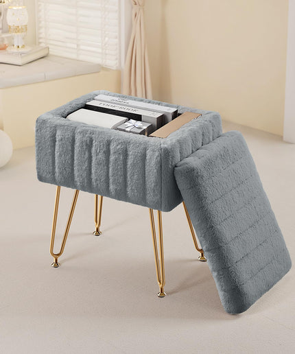 JONPONY Stool Chair with Storage, Small Ottoman Faux Fur Soft Padded Footstools Seat with 4 Metal Legs Anti-Slip Adjustable Feet Modern Footrest for Home Entryway Bedroom Makeup