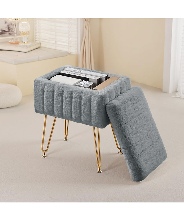 JONPONY Stool Chair with Storage, Small Ottoman Faux Fur Soft Padded Footstools Seat with 4 Metal Legs Anti-Slip Adjustable Feet Modern Footrest for Home Entryway Bedroom Makeup