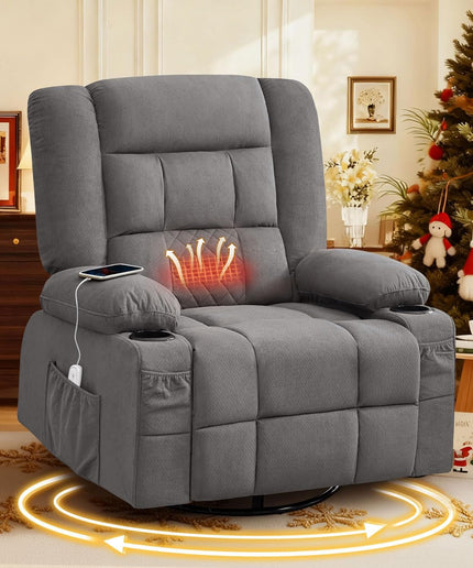 JONPONY Oversized Massage Swivel Recliner Chair with 4-Point 3D Kneading Massage and Heat for Living Room with Rocking Function 2 Cup Holders, USB Charge Port