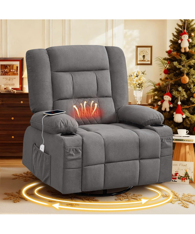 JONPONY Oversized Massage Swivel Recliner Chair with 4-Point 3D Kneading Massage and Heat for Living Room with Rocking Function 2 Cup Holders, USB Charge Port