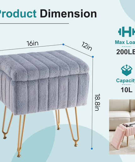 JONPONY Stool Chair with Storage, Small Ottoman Faux Fur Soft Padded Footstools Seat with 4 Metal Legs Anti-Slip Adjustable Feet Modern Footrest for Home Entryway Bedroom Makeup