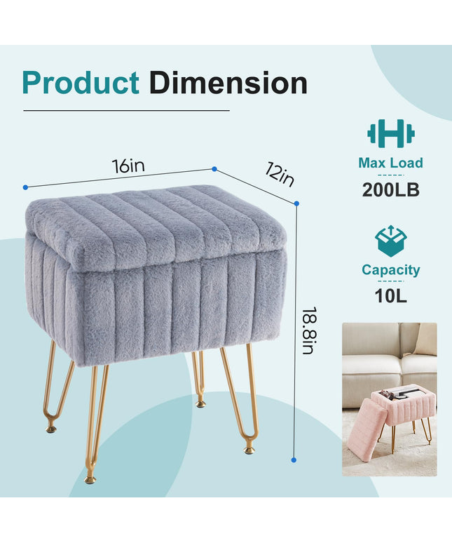 JONPONY Stool Chair with Storage, Small Ottoman Faux Fur Soft Padded Footstools Seat with 4 Metal Legs Anti-Slip Adjustable Feet Modern Footrest for Home Entryway Bedroom Makeup