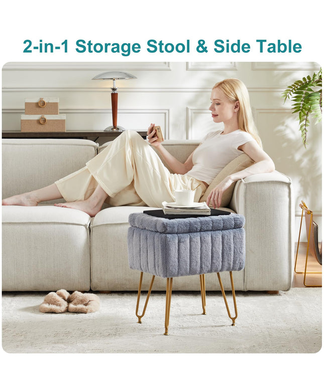 JONPONY Stool Chair with Storage, Small Ottoman Faux Fur Soft Padded Footstools Seat with 4 Metal Legs Anti-Slip Adjustable Feet Modern Footrest for Home Entryway Bedroom Makeup