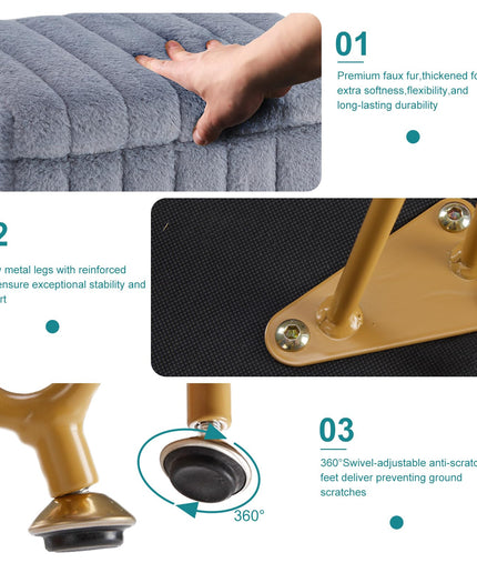 JONPONY Stool Chair with Storage, Small Ottoman Faux Fur Soft Padded Footstools Seat with 4 Metal Legs Anti-Slip Adjustable Feet Modern Footrest for Home Entryway Bedroom Makeup