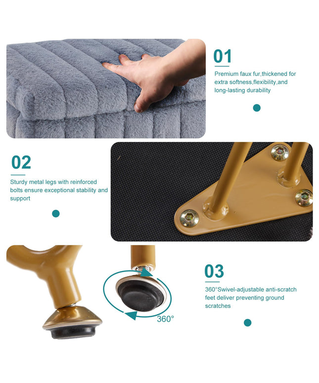 JONPONY Stool Chair with Storage, Small Ottoman Faux Fur Soft Padded Footstools Seat with 4 Metal Legs Anti-Slip Adjustable Feet Modern Footrest for Home Entryway Bedroom Makeup