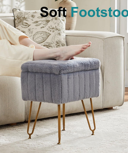 JONPONY Stool Chair with Storage, Small Ottoman Faux Fur Soft Padded Footstools Seat with 4 Metal Legs Anti-Slip Adjustable Feet Modern Footrest for Home Entryway Bedroom Makeup