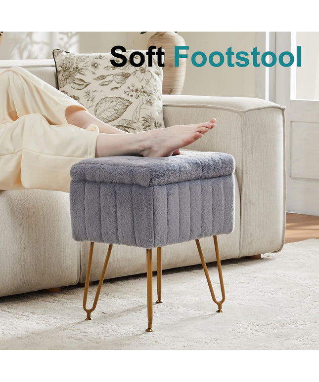 JONPONY Stool Chair with Storage, Small Ottoman Faux Fur Soft Padded Footstools Seat with 4 Metal Legs Anti-Slip Adjustable Feet Modern Footrest for Home Entryway Bedroom Makeup