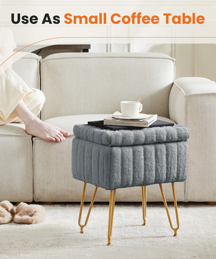 JONPONY Stool Chair with Storage, Small Ottoman Faux Fur Soft Padded Footstools Seat with 4 Metal Legs Anti-Slip Adjustable Feet Modern Footrest for Home Entryway Bedroom Makeup
