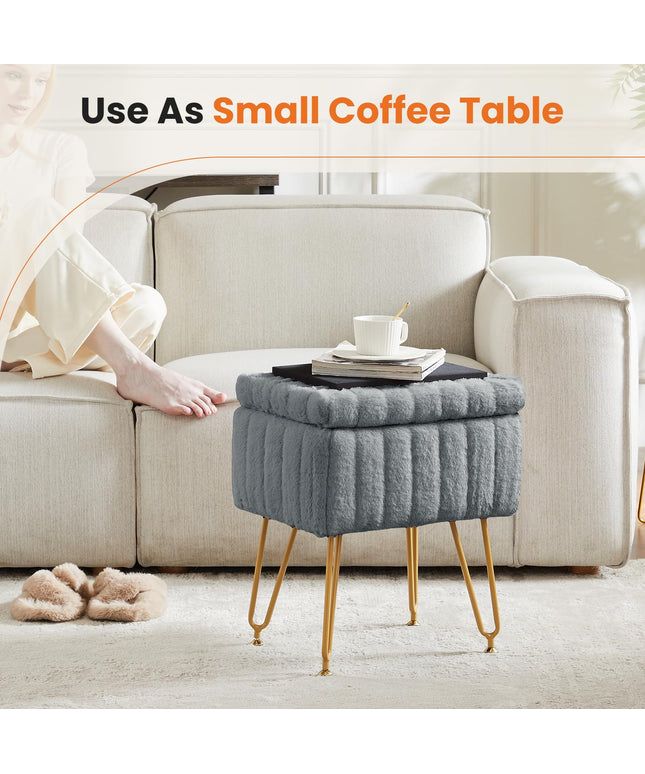 JONPONY Stool Chair with Storage, Small Ottoman Faux Fur Soft Padded Footstools Seat with 4 Metal Legs Anti-Slip Adjustable Feet Modern Footrest for Home Entryway Bedroom Makeup