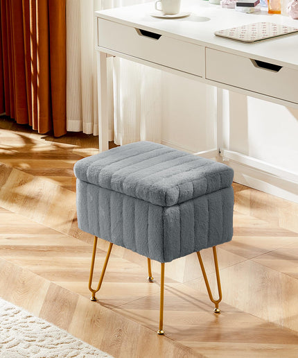 JONPONY Stool Chair with Storage, Small Ottoman Faux Fur Soft Padded Footstools Seat with 4 Metal Legs Anti-Slip Adjustable Feet Modern Footrest for Home Entryway Bedroom Makeup