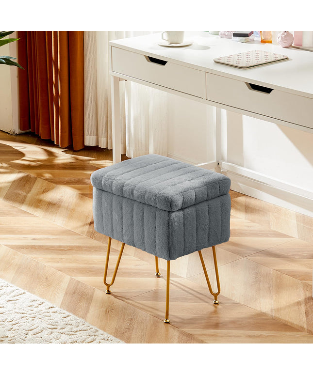 JONPONY Stool Chair with Storage, Small Ottoman Faux Fur Soft Padded Footstools Seat with 4 Metal Legs Anti-Slip Adjustable Feet Modern Footrest for Home Entryway Bedroom Makeup