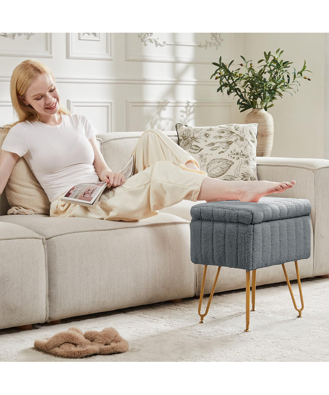 JONPONY Stool Chair with Storage, Small Ottoman Faux Fur Soft Padded Footstools Seat with 4 Metal Legs Anti-Slip Adjustable Feet Modern Footrest for Home Entryway Bedroom Makeup