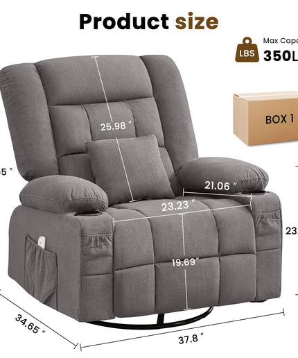 JONPONY Oversized Massage Swivel Recliner Chair with 4-Point 3D Kneading Massage and Heat for Living Room with Rocking Function 2 Cup Holders, USB Charge Port
