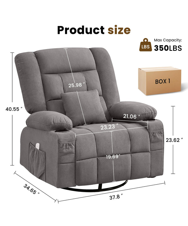 JONPONY Oversized Massage Swivel Recliner Chair with 4-Point 3D Kneading Massage and Heat for Living Room with Rocking Function 2 Cup Holders, USB Charge Port